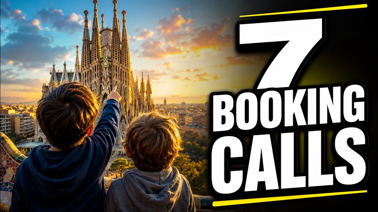 Two children seen from behind on a tiled hillside terrace, one pointing toward the Sagrada Familia towers as the sun sets over Barcelona