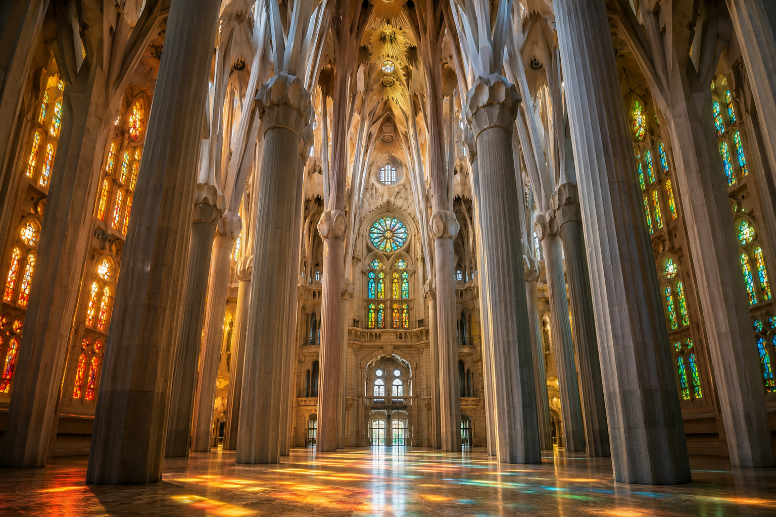 Sagrada Familia interior with tall columns, stained glass, and colored light across the floor.