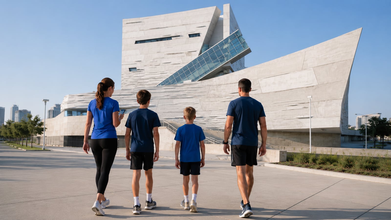 Family walking toward a modern city attraction during a World Cup trip, using the day around matchday for sightseeing.