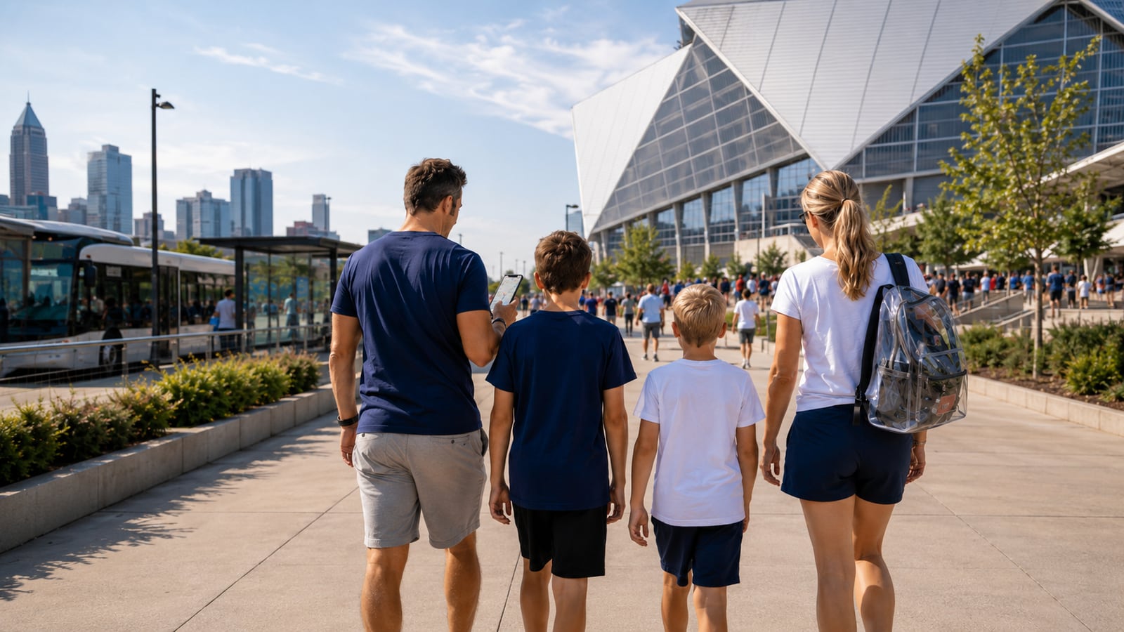 Family with kids walking toward a modern soccer stadium on a sunny matchday, with a transit stop nearby and a clear stadium backpack.