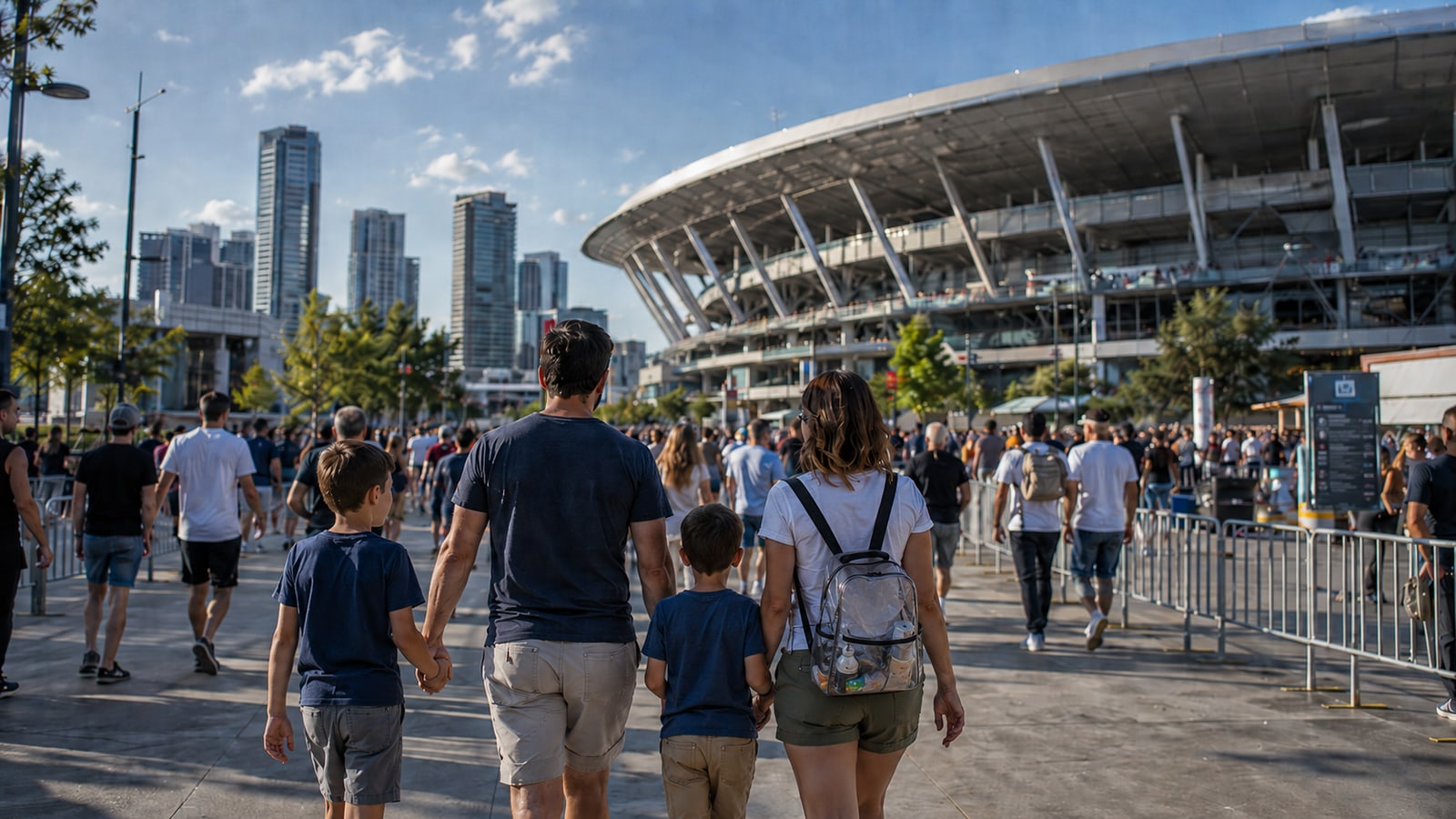 Family walking toward a large modern soccer stadium on matchday, with crowds, city towers, and a clear stadium backpack.