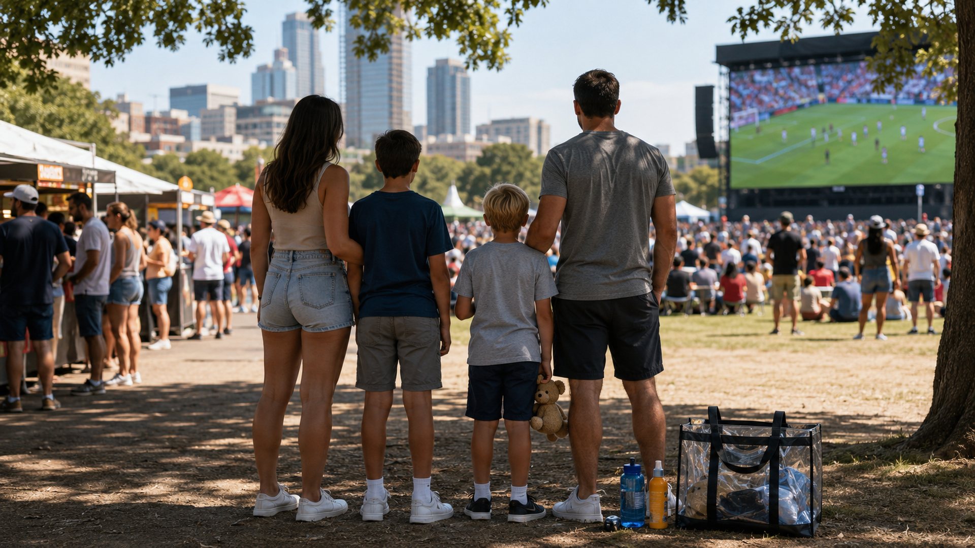 Family with kids at the edge of a World Cup fan festival with shade, water, a clear stadium bag, and a distant viewing screen.