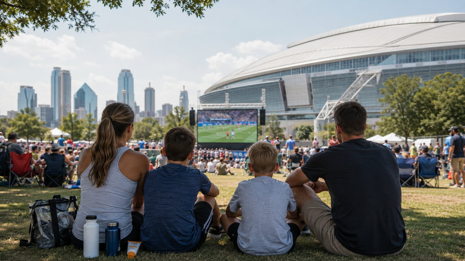 Family with kids sitting in the shade at an outdoor soccer fan festival, watching a match screen near a stadium with a clear bag nearby.