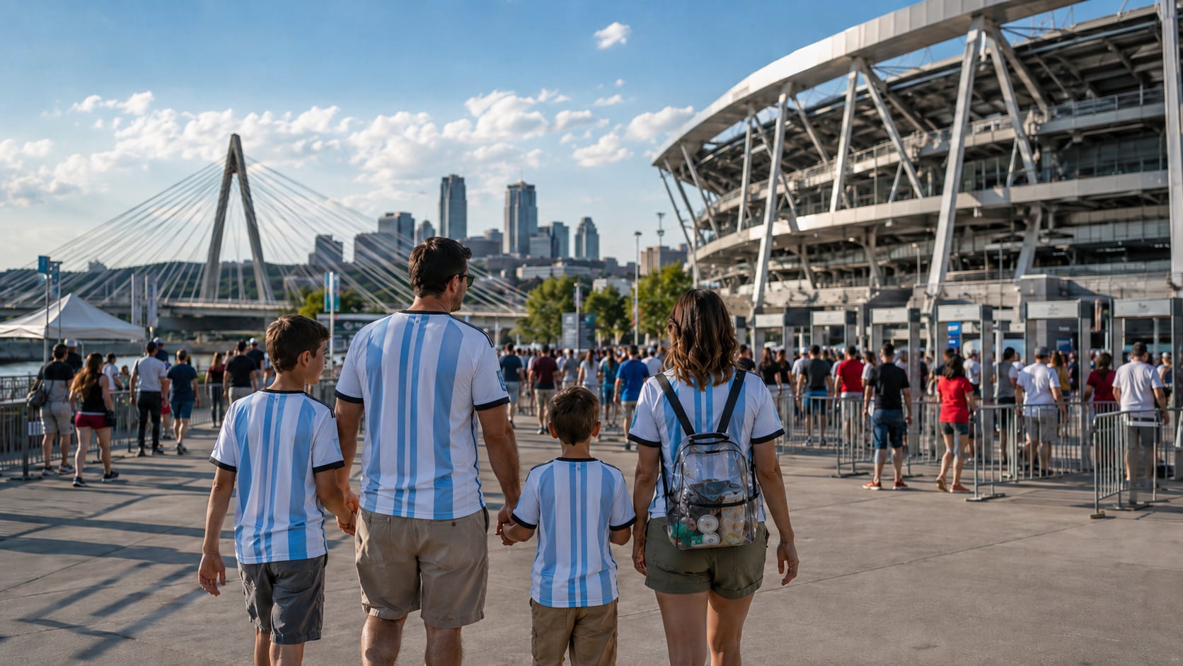 Family in blue and white soccer shirts walking toward Kansas City Stadium on matchday, with crowds, skyline, bridge, and a clear stadium backpack.