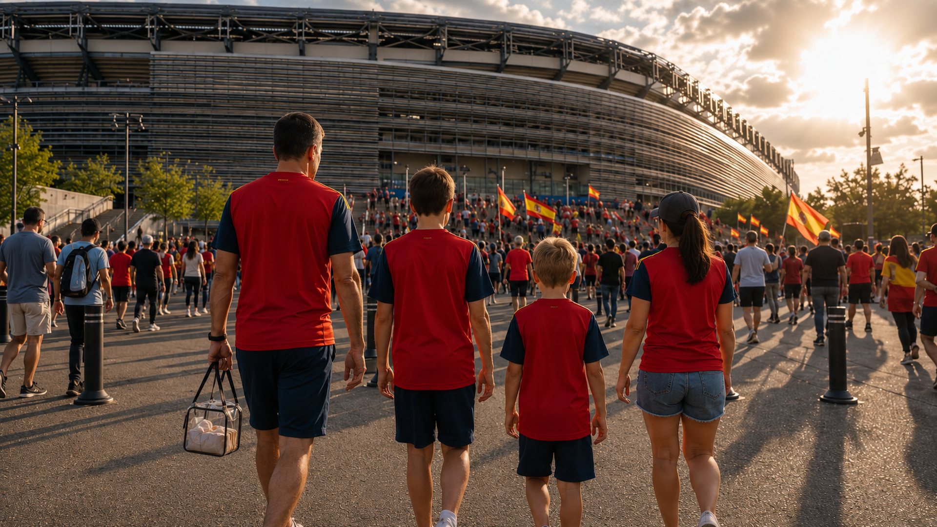 Family with kids approaching a busy World Cup stadium district during knockout rounds, carrying a clear stadium bag and moving calmly through crowds.
