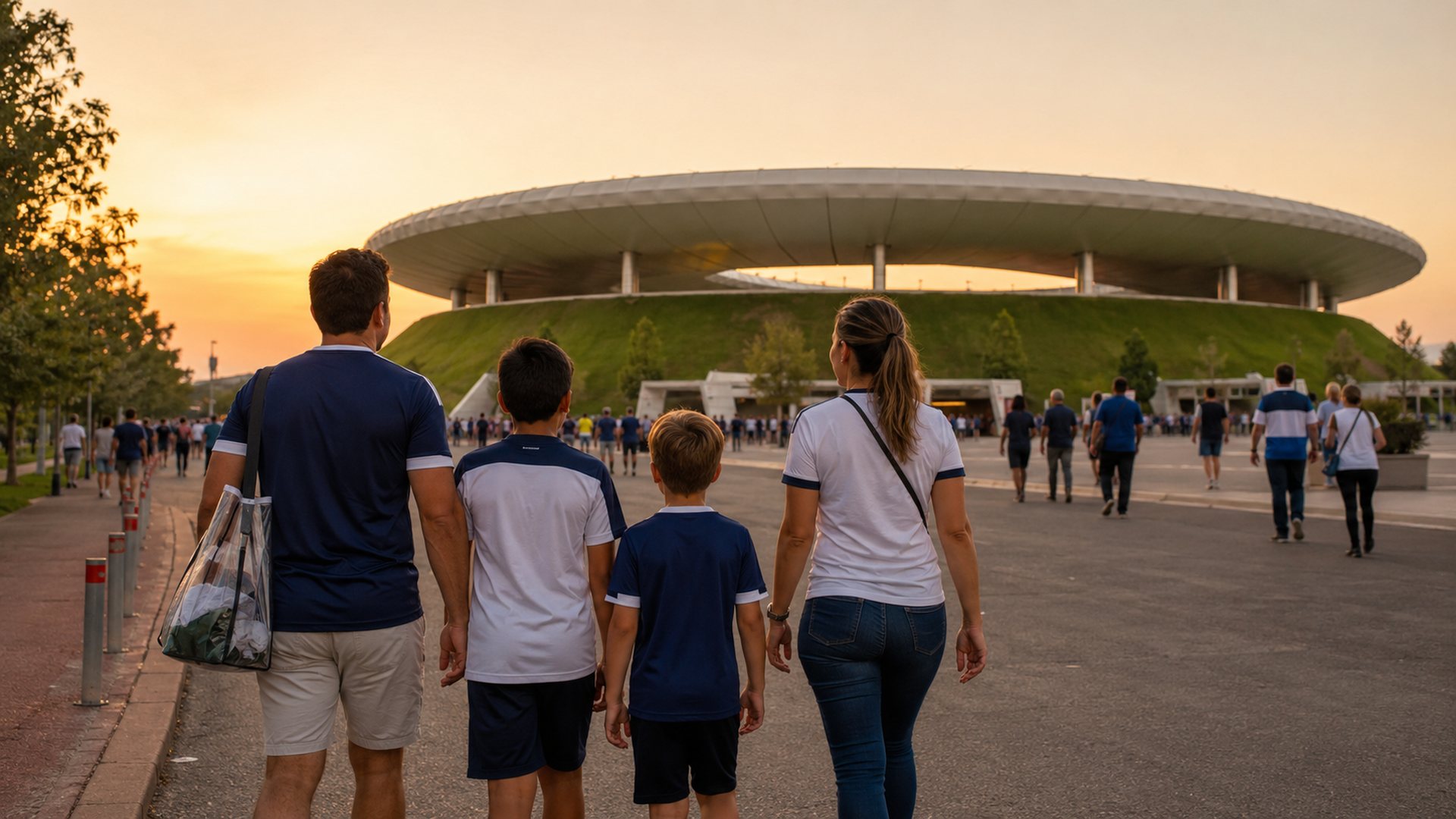 Family with kids walking toward a lit soccer stadium at golden hour before a late World Cup kickoff, with a clear stadium bag.