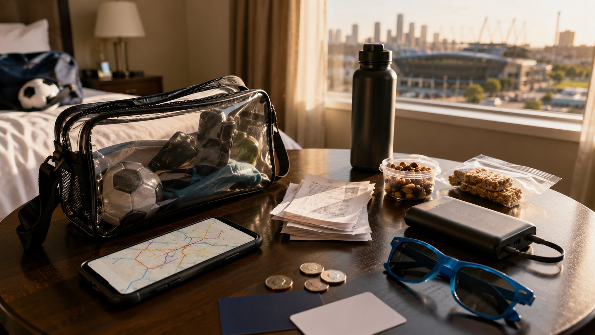 Family World Cup trip planning scene with a clear stadium bag, phone map, receipts, snacks, sunglasses, and power bank on a hotel table.