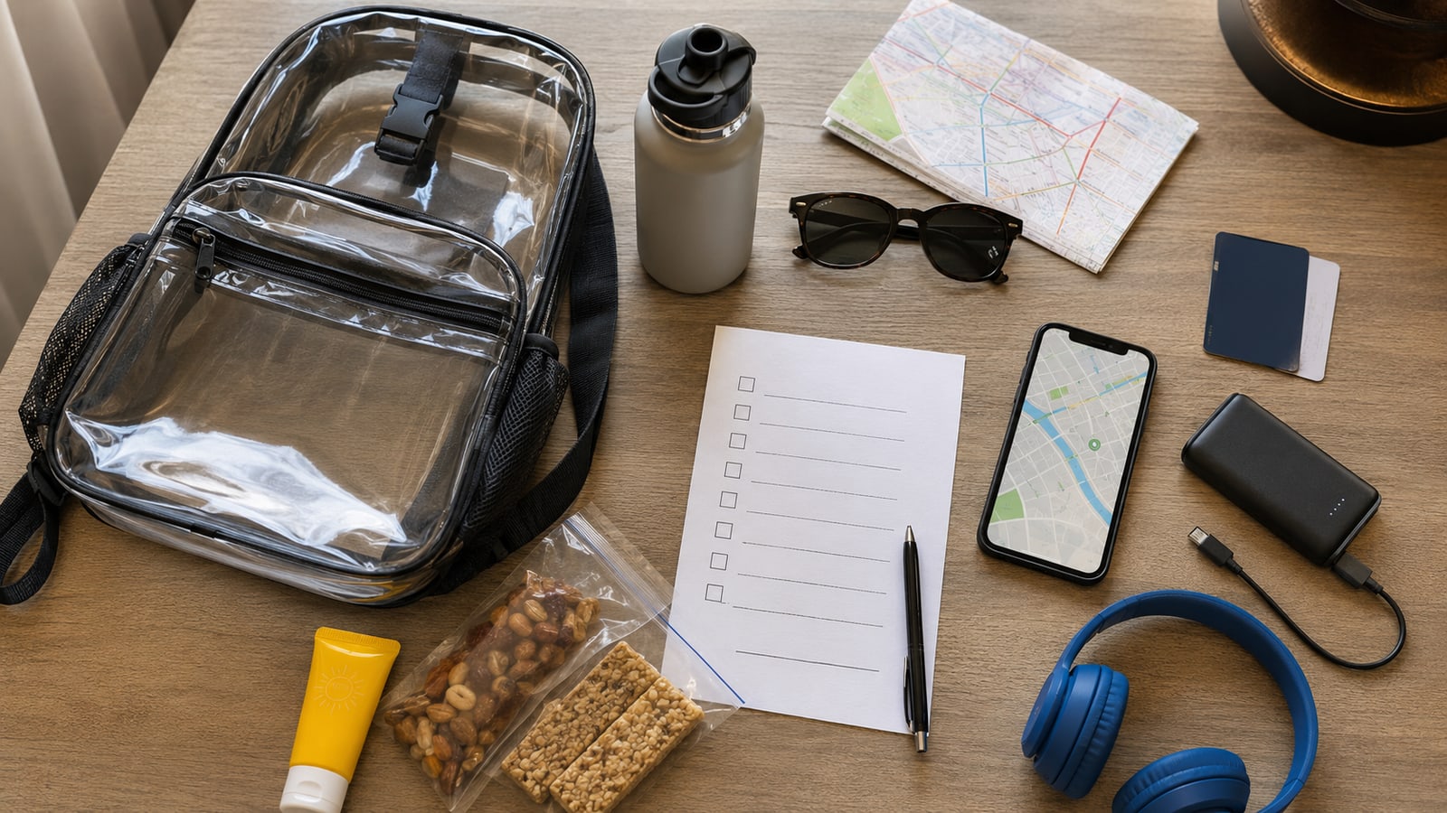 Family matchday packing flat lay with a clear stadium bag, checklist, phone map, water bottle, power bank, headphones, sunscreen, and snacks.