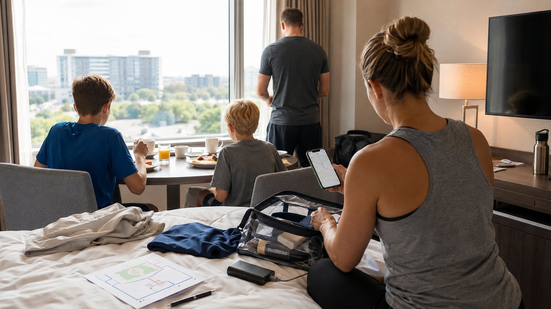 Family hotel-room morning prep before a noon World Cup kickoff, with breakfast, a clear stadium bag, sunscreen, phone, and power bank.
