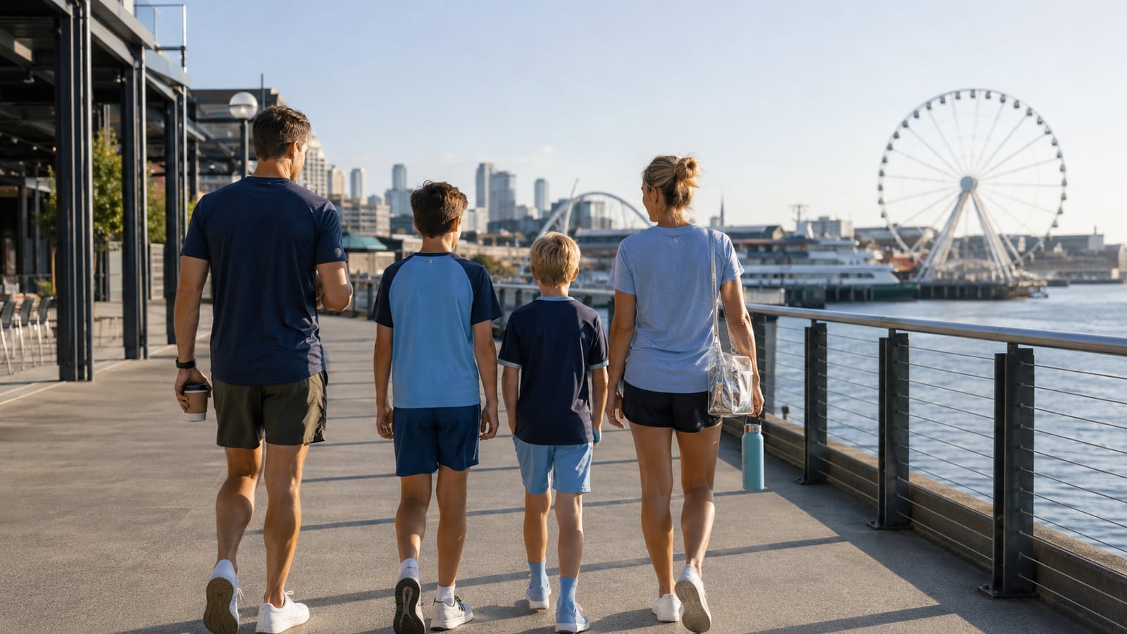 Family walking calmly along a waterfront the morning after a World Cup match, with a relaxed pace and a small clear bag.