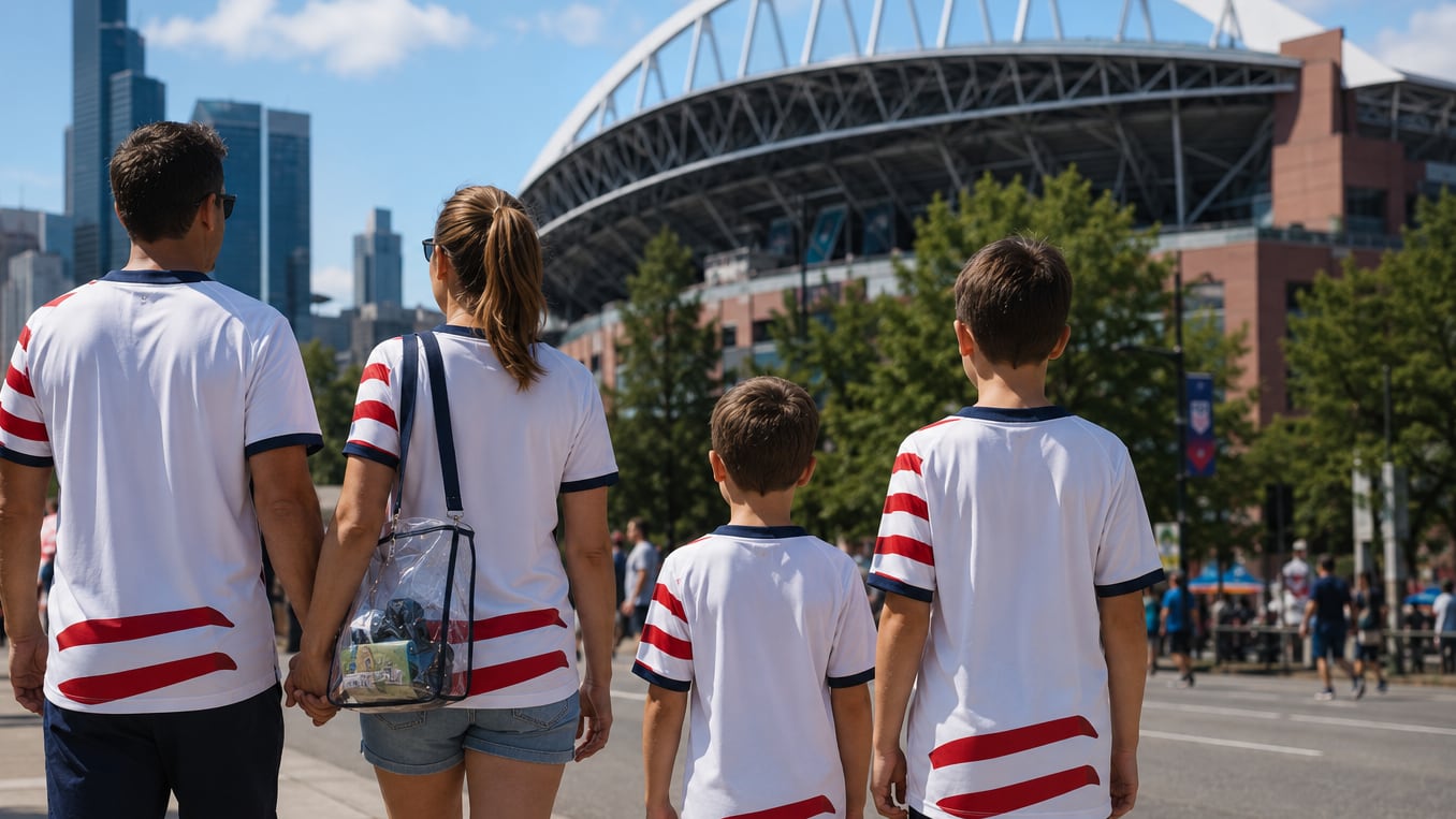Family in red, white, and blue soccer shirts walking toward Seattle Stadium on matchday, with downtown buildings, crowds, and a clear stadium bag.