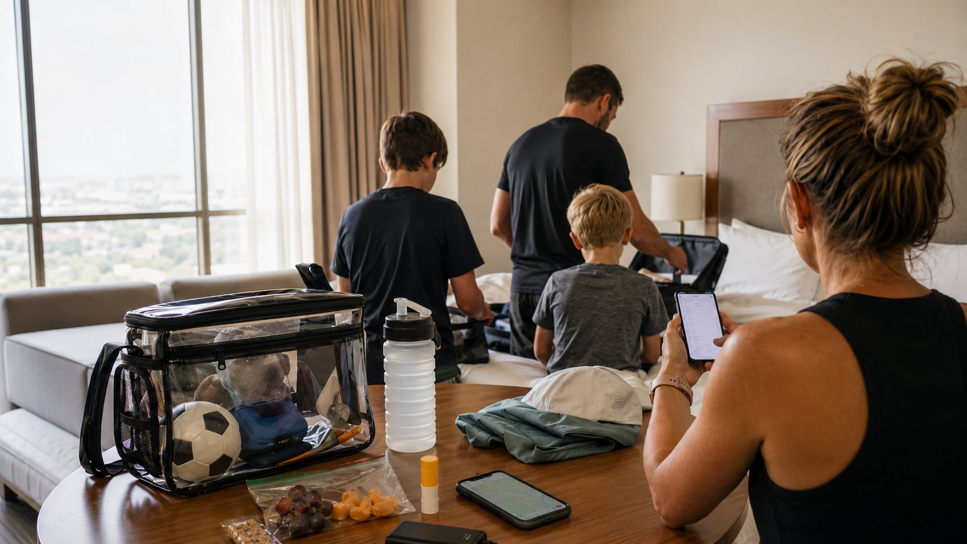 Family hotel-table matchday prep with a clear stadium bag, refillable water bottle, snacks, sunscreen, phone, and power bank.
