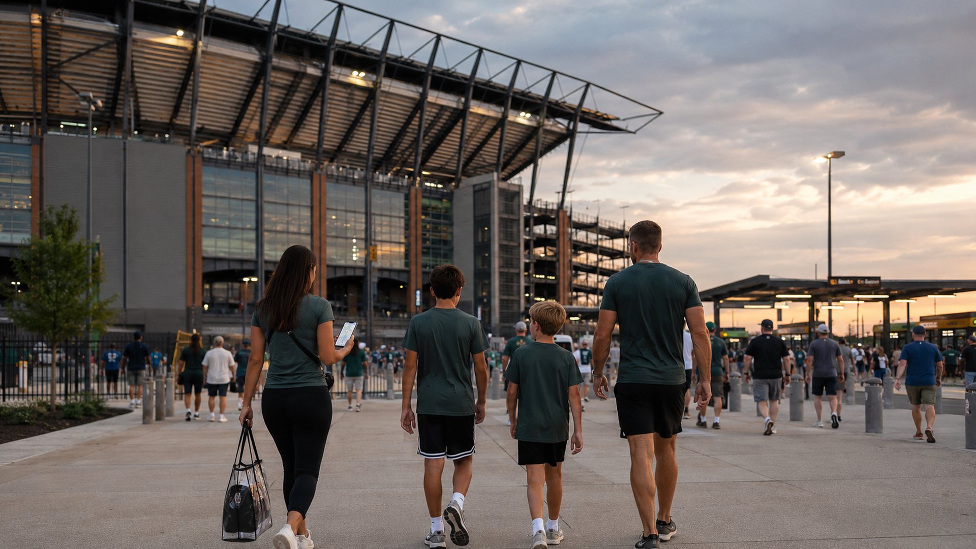 Family with kids leaving a soccer stadium district after a match and walking toward transit with a clear stadium bag.