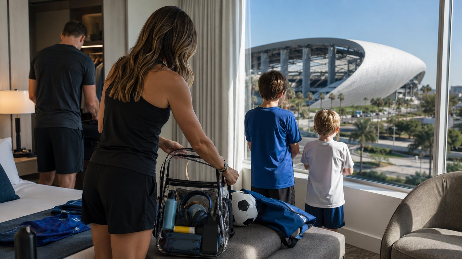 Family hotel-room packing scene before a World Cup match, with a clear stadium bag, phone charger, sunscreen, snacks, and kids' matchday clothes.